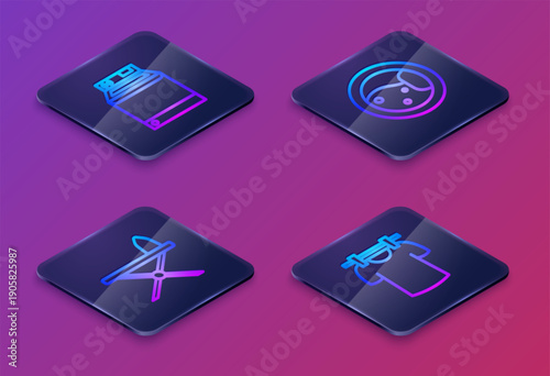 Set Isometric line Washer, Iron and ironing board, and Drying clothes. Blue square button. Vector
