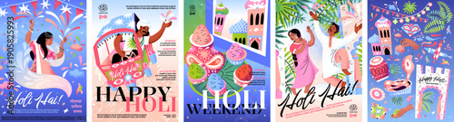 Happy Holi. Indian festival of colors. Vector modern illustrations of dancing people, fireworks, party in India and gulal colors for greeting card, postcard, poster, invitation, background and cover