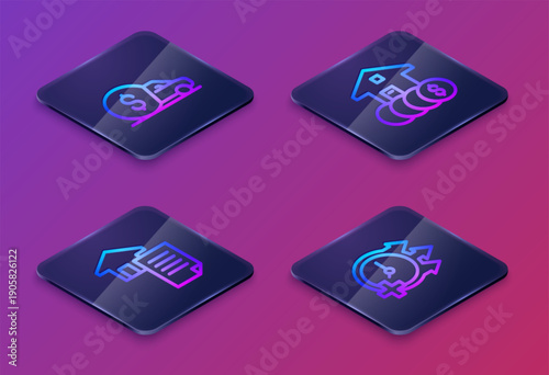 Set Isometric line Car rental, House contract, with dollar and Clock. Blue square button. Vector