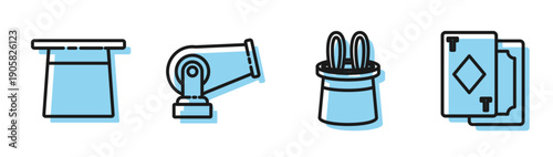 Set line Magician hat and rabbit ears, Magician hat, Cannon and Playing cards icon. Vector