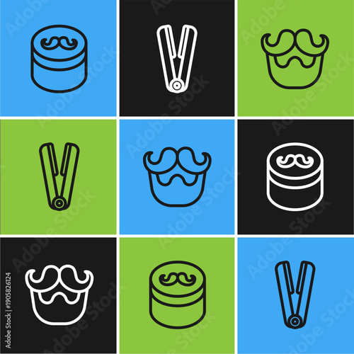Set line Gel or wax for hair styling, Mustache and beard and Curling iron icon. Vector