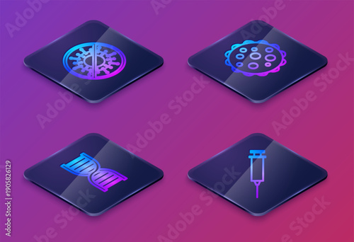 Set Isometric line Stop virus, DNA symbol, Virus and Syringe. Blue square button. Vector