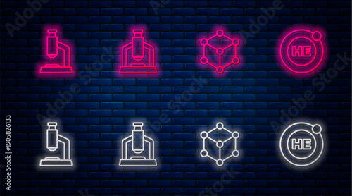 Set line Microscope, Molecule, and Helium. Glowing neon icon on brick wall. Vector