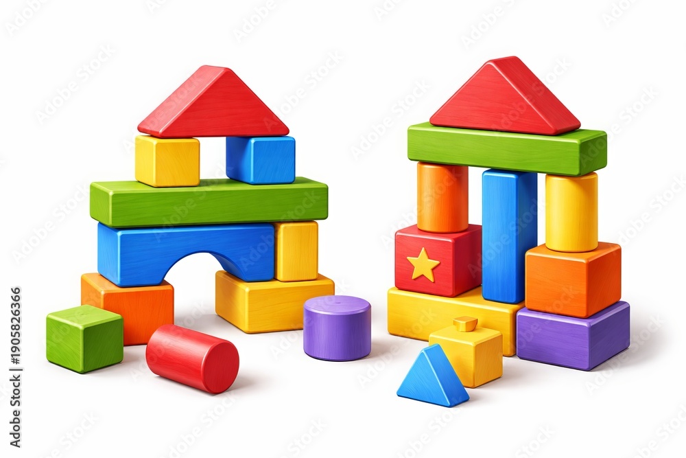 Obraz premium A playful 3D illustration of colorful wooden toy blocks stacked into simple structures. With strong depth with overlapping shapes, matte painted wood texture, bright primary colors, soft shadows