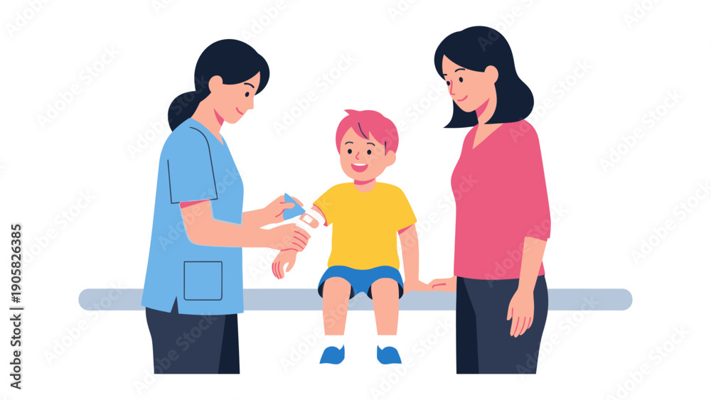 Fototapeta premium Vaccination Time: A young child receives a vaccination from a healthcare professional while his mother watches, illustrating a scene of care and protection.