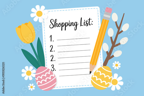 Easter shopping list with flowers eggs and pencil on blue background