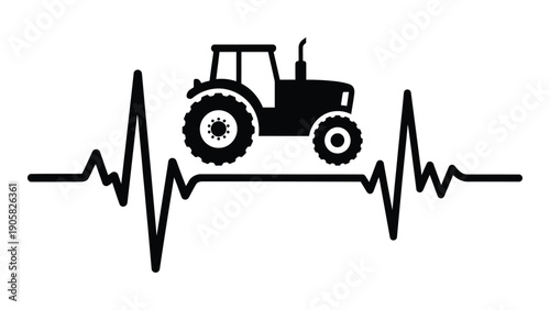 Tractor silhouette over a heartbeat line symbolizing agricultural health and vitality. Vector