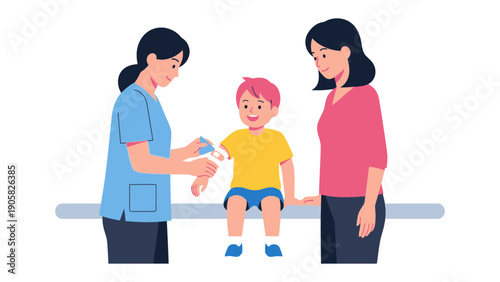 Vaccination Time: A young child receives a vaccination from a healthcare professional while his mother watches, illustrating a scene of care and protection.