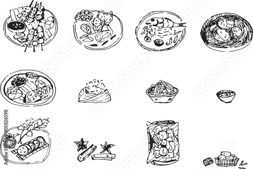 Indonesian food sketches with ingredients, featuring Satay, Nasi Bungkus, Grilled fish, and Cinnamon sticks, Hand drawn icons in top and side views.