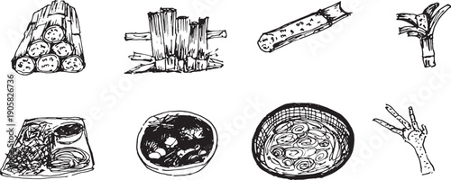 Hand drawn Laos traditional food set, featuring Bamboo sticky rice (Khao Lam), Chicken feet, Noodle soup (Khao Piak Sen), and Papaya salad, ink sketch illustration.