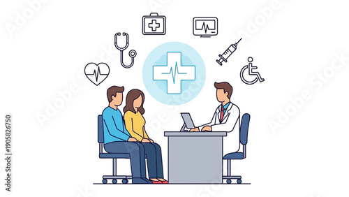 Health Consultation: A doctor providing consultation to the couple in his medical office with medical tools background. 