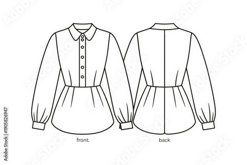 Fashion illustration of a classic collared blouse with button detail and gathered waist, shown front and back.