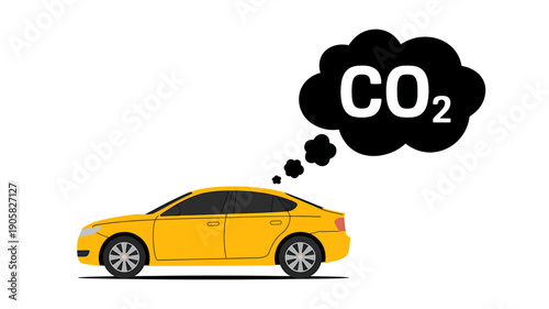 Yellow car emitting CO2 pollution into the air as thought bubble