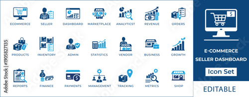E-commerce seller dashboard icon set featuring online shop management, inventory tracking, revenue analytics, order processing, vendor tools, and marketplace business symbols.