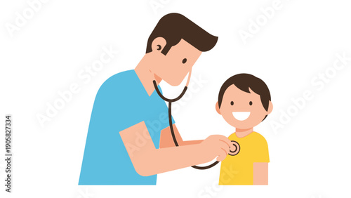 Doctor's Checkup: A compassionate doctor, using a stethoscope to examine a young patient, exudes care and comfort, while the smiling child displays trust and well-being.