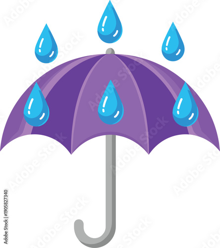Purple Umbrella Vector Illustration with Blue Raindrops Falling for Weather Forecast Apps, Insurance Protection Concepts, Rainy Season Decor, and Seasonal Graphic Design Elements