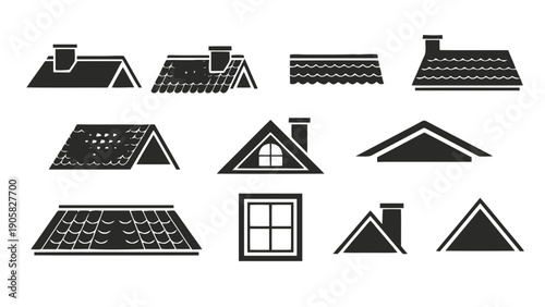 Vector illustration of diverse house roof types and architectural building elements, on transparent background