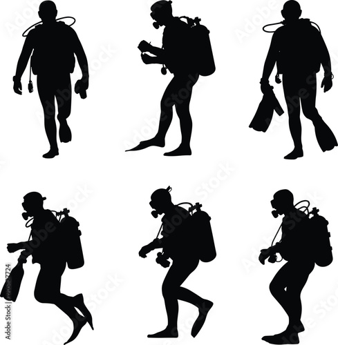 Scuba diver silhouettes set with underwater diving equipment and fins isolated on white background