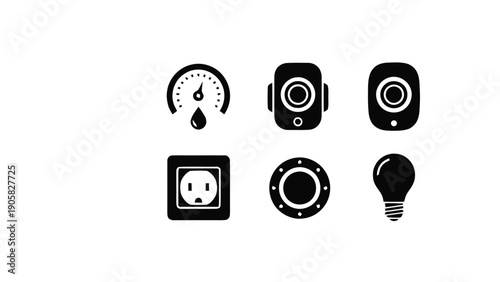 Vector illustration of, on transparent background, smart home tech icons sensors, camera, outlet, bulb
