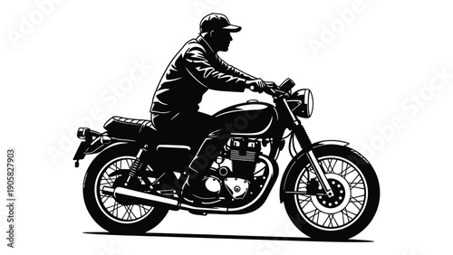 A silhouette of a person riding a motorcycle on a road at night. Vector