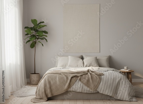Modern bedroom interior with bed and potted plant