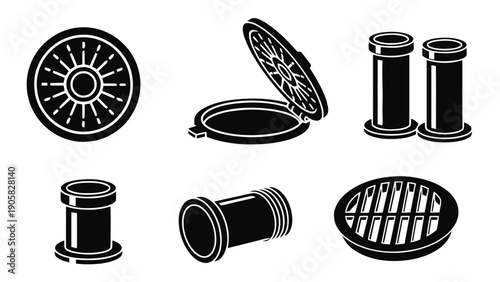 Vector illustration of plumbing pipes, drain grates, and utility access covers, on transparent background