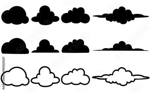 set of imaginary line icons and shapes of cloud clouds isolated flat on white background, vector