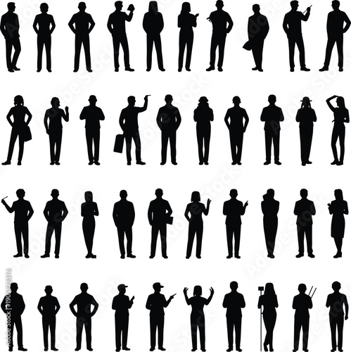 Collection of business people silhouettes, men and women standing in different poses, isolated on white background professional corporate team set