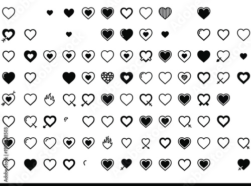 A grid of black and white heart icons interspersed with various romantic symbols and decorative elements high-quality professional detailed modern