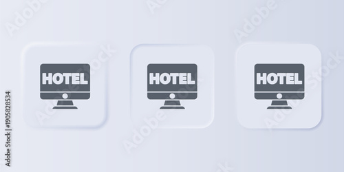 Grey Online hotel booking icon isolated on grey background. Online booking design concept for computer monitor. Set icons in square buttons. Vector