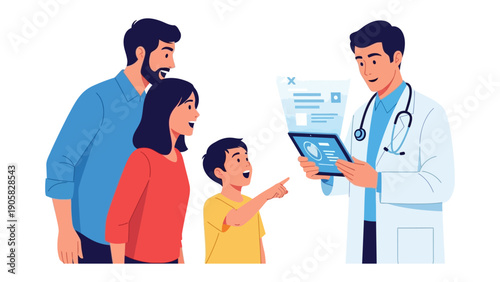 Family Doctor's Visit: A caring medical professional consults with a family, offering reassurance and explaining important health information, fostering a sense of trust and well-being.