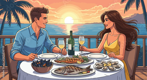 Couple enjoying a seafood dinner on a tropical balcony at sunset