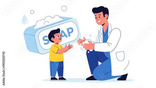 Handwashing Lesson: A doctor demonstrates proper handwashing technique for a young child using a bar of soap, a lesson in hygiene and health.