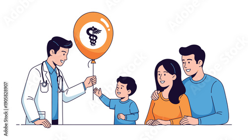 A Doctor's Care: A healthcare professional offers a health symbol balloon to a young patient, with the patient's family supportively nearby. Emphasizing trust and health.