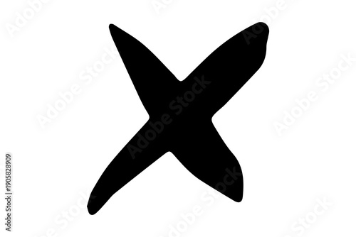 Abstract ink stain cross shape. Hand drawn black blot isolated on white background. Splash symbol for design, logo, poster, print. Vector illustration, doodle style minimal art element. Choice sign