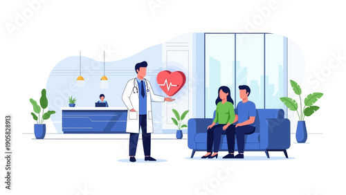 Medical Consultation: A dedicated healthcare professional, stands before a couple, extending a digital representation of a beating heart during a consultation, ensuring health.