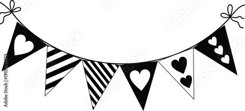 A black and white illustration depicts a string of pennant banners some featuring heart shapes and stripes high-quality professional detailed