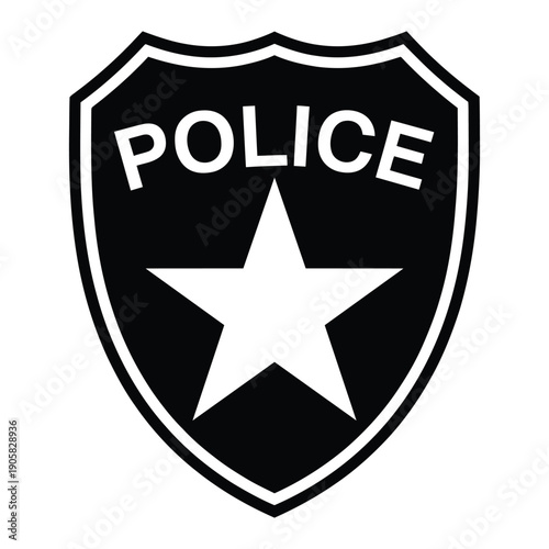 Police badge shield illustration with star symbol, law enforcement emblem icon in black and white, security and authority concept