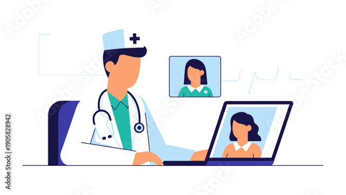 Telemedicine Consultation: A medical professional engaging in a virtual consultation with patients, representing modern healthcare accessibility and digital health solutions.