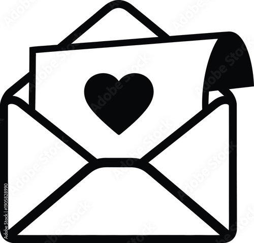 A simple black and white icon depicts an open envelope containing a black heart shape suggesting love or a romantic message