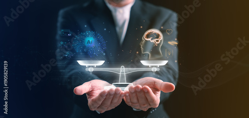 Businessman holding a balanced scale between artificial intelligence and human mind, symbolizing ethical AI, decision making, and responsible technology integration in modern business and society.
