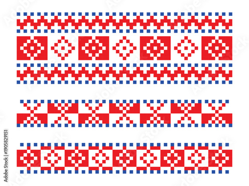 Pixel Folk Ornaments Set in Red Ukrainian Style