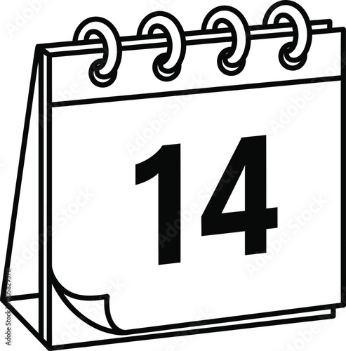 A black and white line drawing depicts a calendar with pages flipped to display the number fourteen high-quality professional detailed