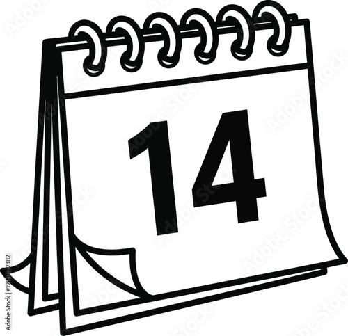 A black and white line drawing depicts a calendar with pages flipped to display the number fourteen high-quality professional detailed