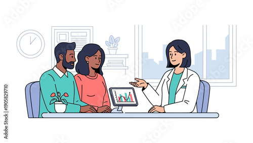 Financial Consultation: A financial advisor provides consultation to a couple, the atmosphere exuding trust and expert guidance, illustrated in a clean and modern style.