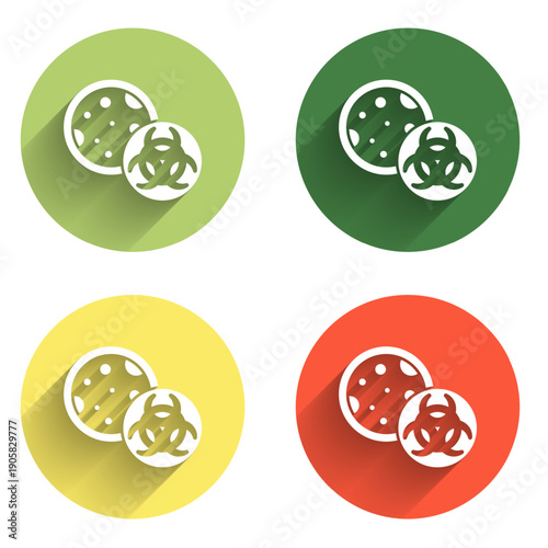 Set GMO icon isolated with long shadow background. Genetically modified organism acronym. Dna food modification. Color circle button. Vector