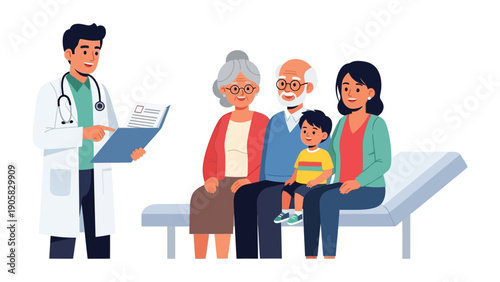 Family Healthcare Consultation: A caring doctor reviews medical results with a multigenerational family, emphasizing health and well-being.