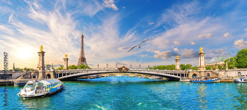 Canvas Print Front panorama of Alexandre III Bridge with Eiffel Tower and tour Boats on the S