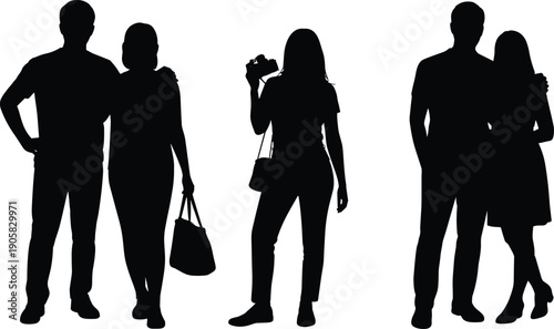 People silhouettes collection, couples and woman with camera, lifestyle relationship concept, urban daily life illustration, black isolated figures