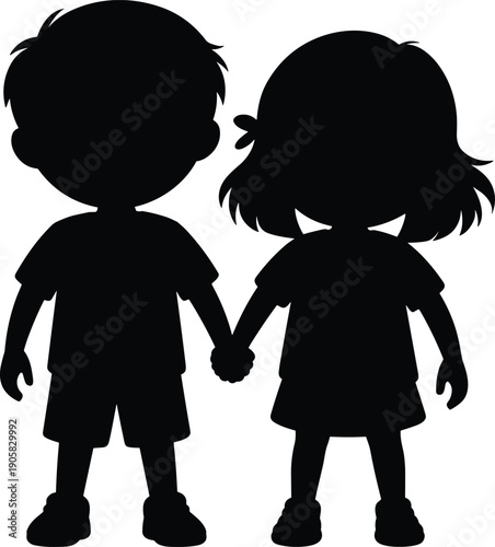 Children holding hands silhouette illustration, boy and girl friendship concept, childhood innocence design, black isolated kid figures